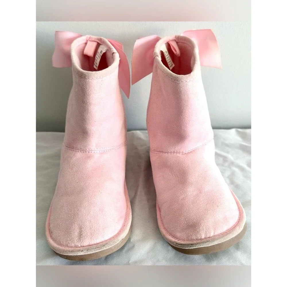 Gymboree Girls Pink Suede Boots Size 10 Mid Calf Bow Back Soft Sole